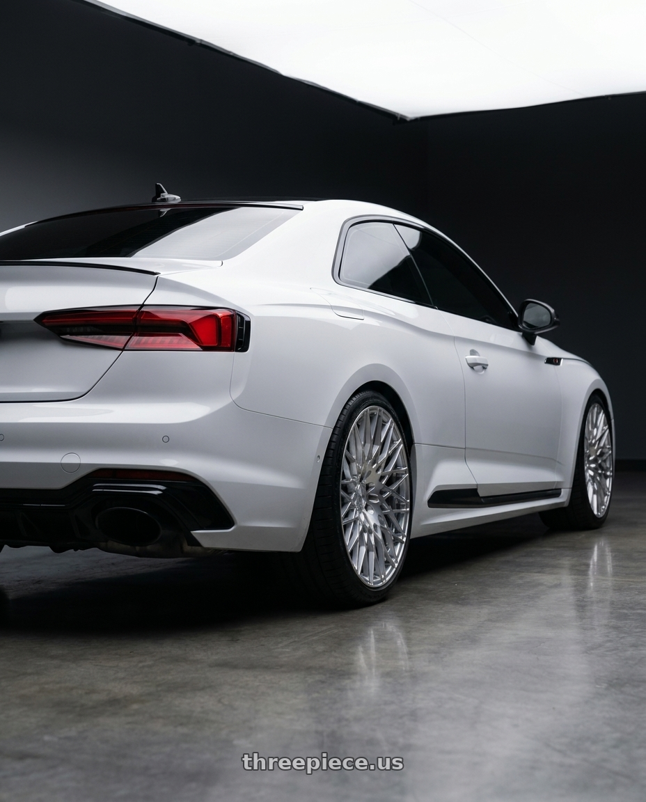 2018 Audi RS5 with Avant Garde Wheels M540 5X112 20x10 +25 Silver Machined wheels rear three quarter view square tires
