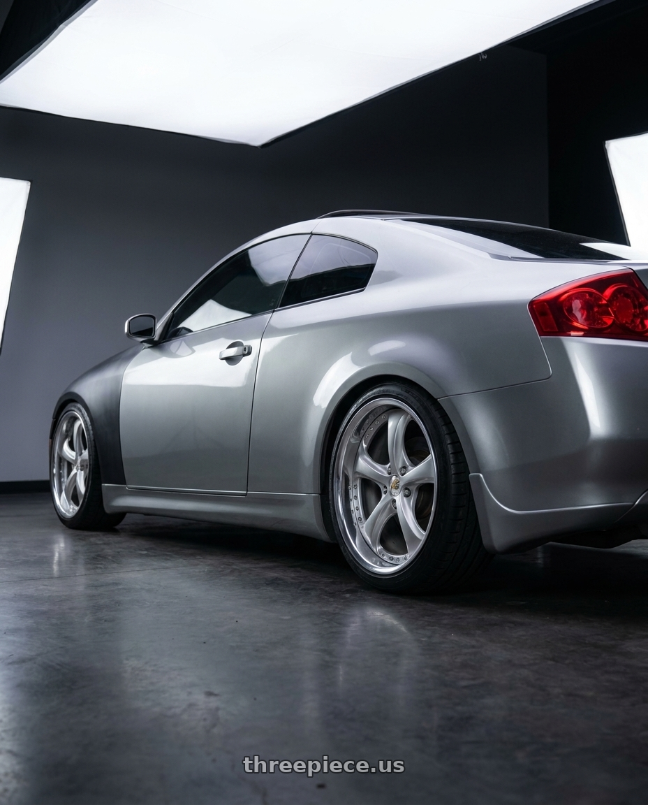 2006 Infiniti G35 Coupe with Work Wheels VS-KF 5X114.3 19x8.5+34 Light Grey Silver A Disk FULL REVERSE wheels rear three quarter view slight stretch tires