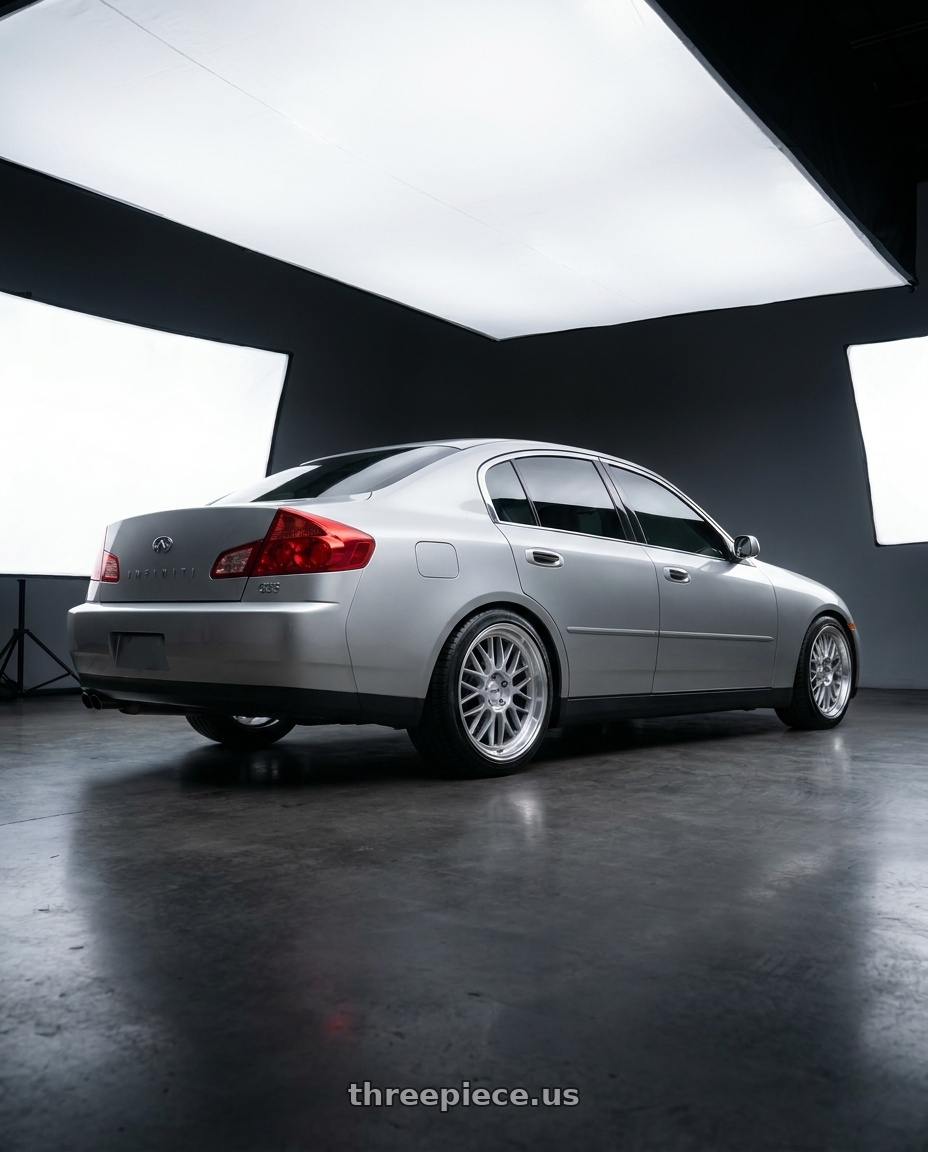2004 Infiniti g35 sedan base model  with KATANA RACING KR06 5x114.3 18x8 +40 Glossy Silver Machine Lip wheels rear three quarter view slight stretch tires