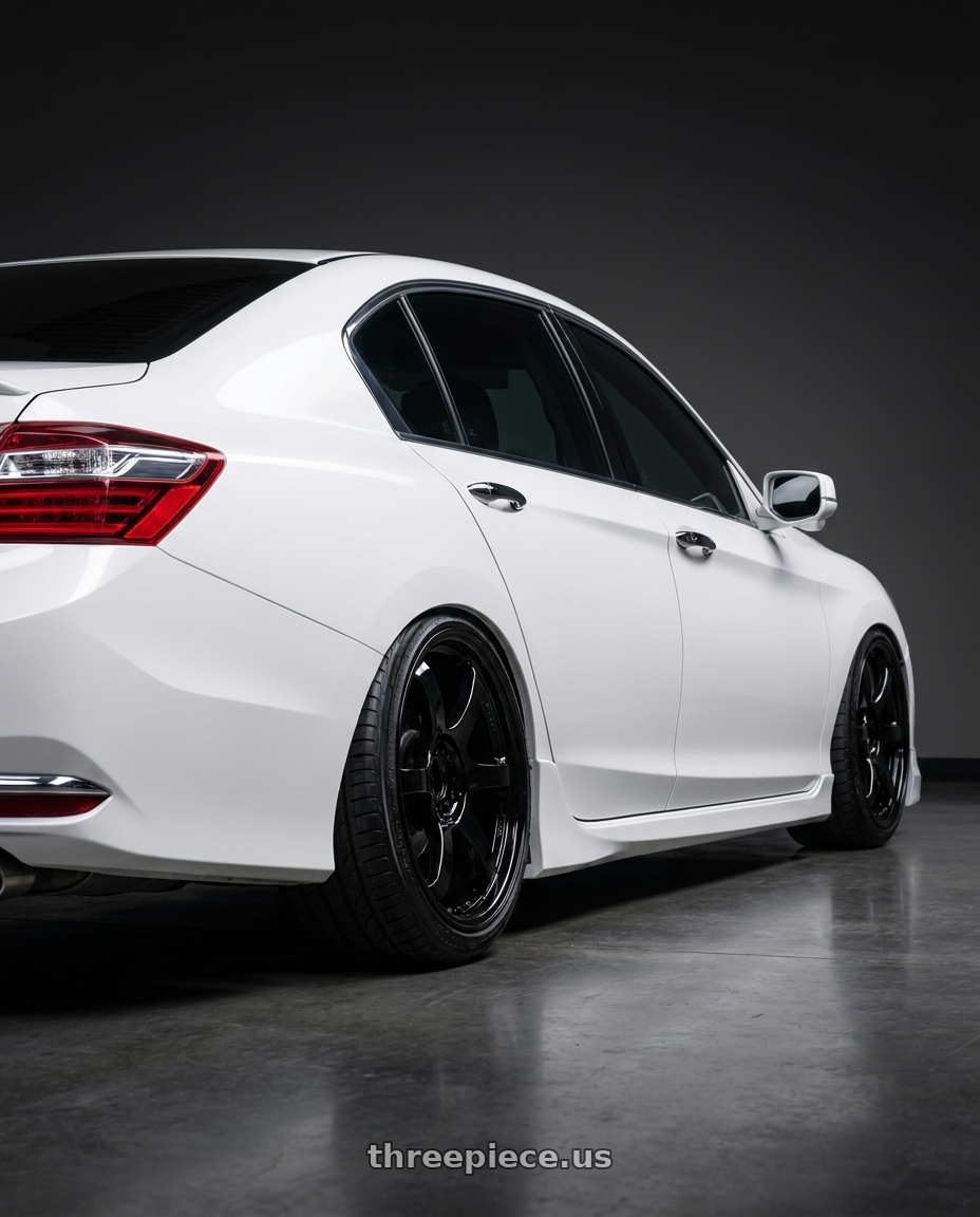2016 Honda accord with Gram Lights 57DR 4x100 15x8 +35 GLOSS BLACK wheels rear three quarter view slight stretch tires