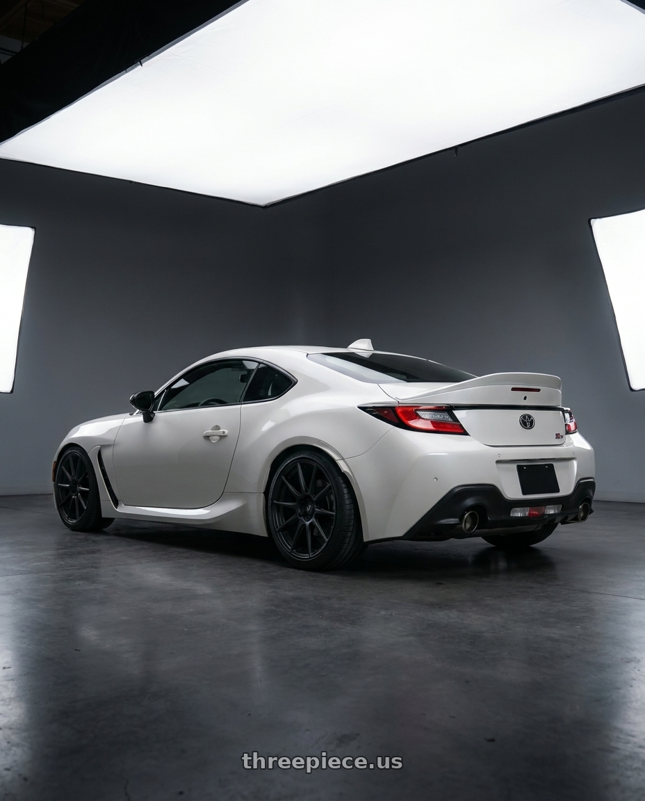 2026 Toyota gr86 with Work Mco Racing 5x100 18x9.5+35  Matte Black wheels rear three quarter view square tires