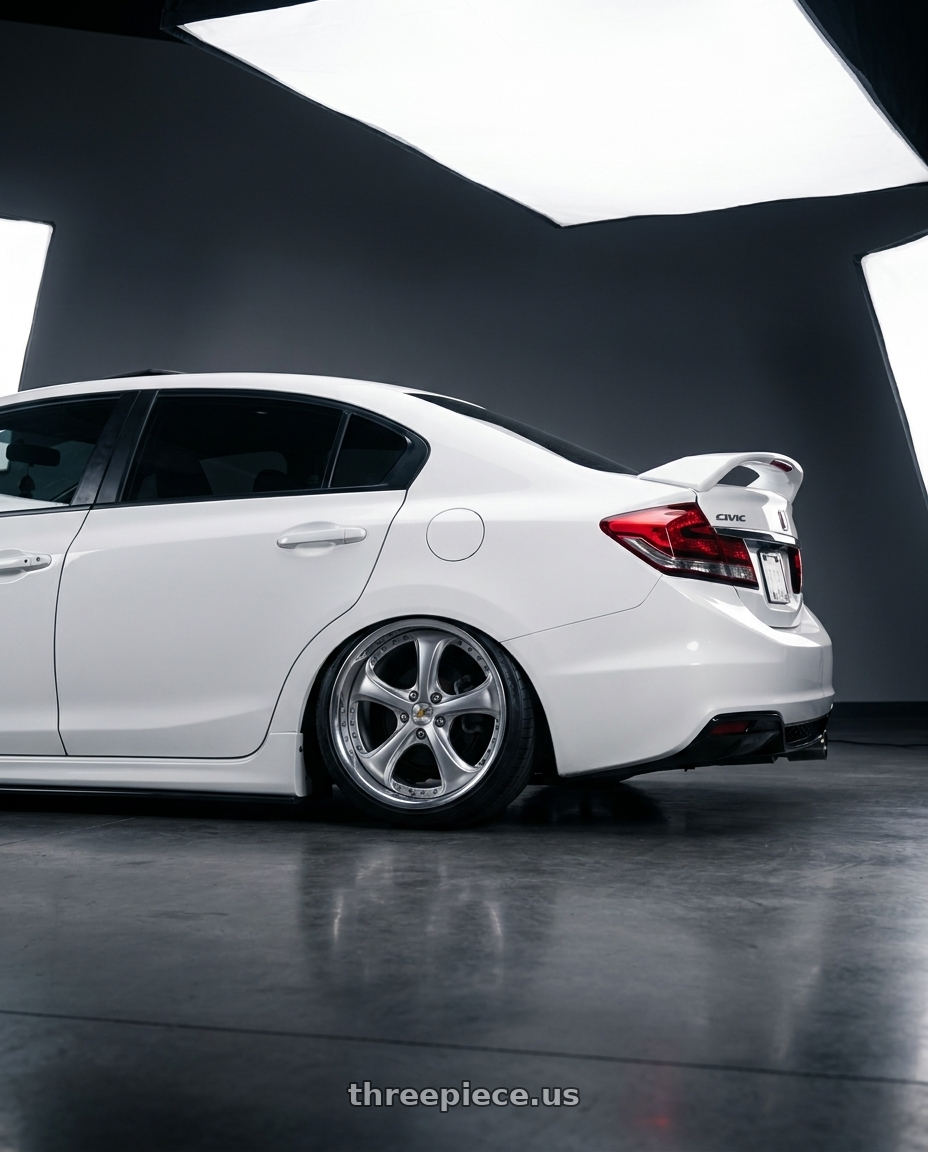 2015 Honda Civic Si Sedan with Work Wheels VS-KF 5x114.3 18x8.5+40 Light Grey Silver O Disk FULL REVERSE wheels rear three quarter view slight stretch tires
