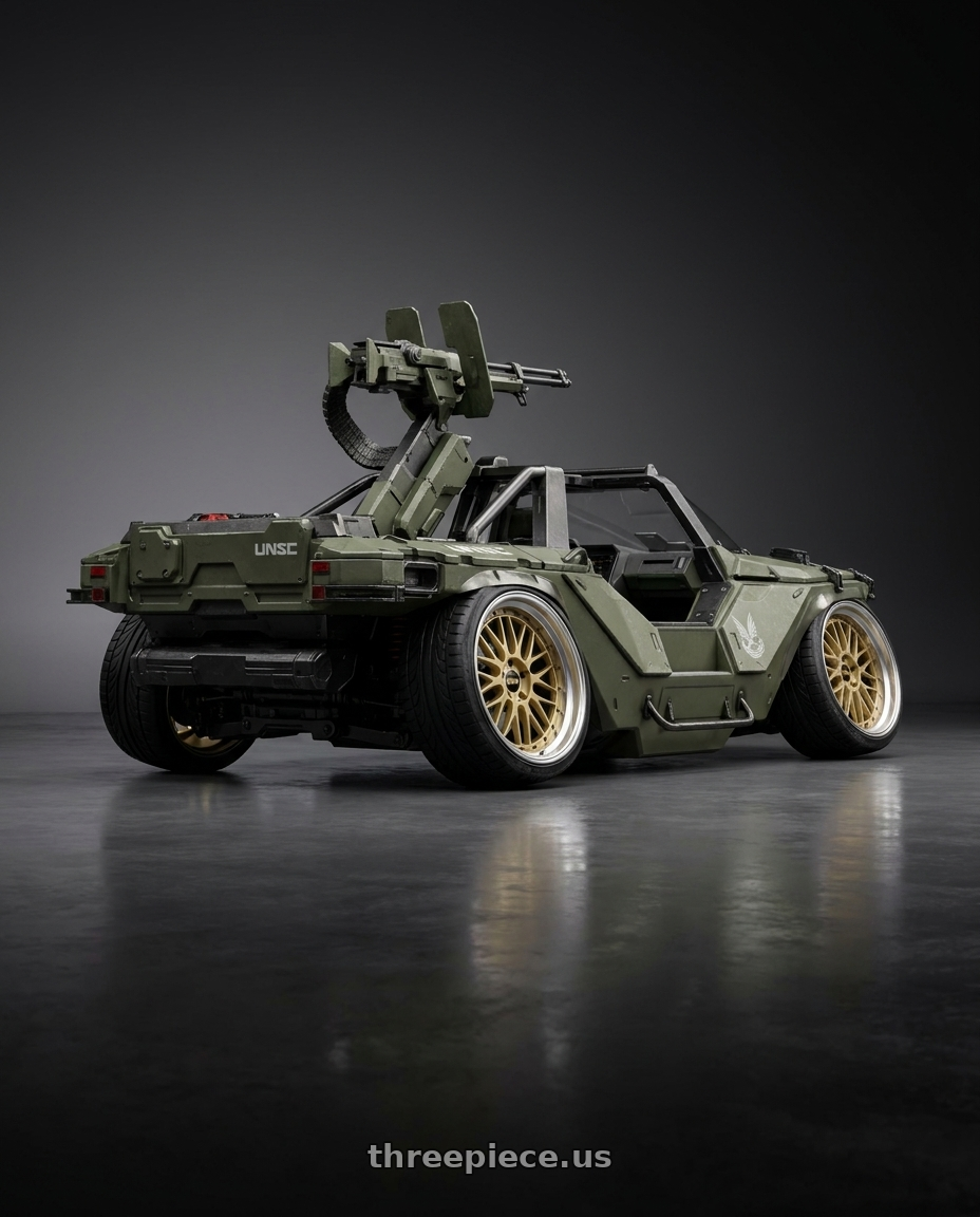 2021 M12 Warthog with BBS LM 5x114.3 18x9.0+42 Gold wheels rear three quarter view extreme stretch tires