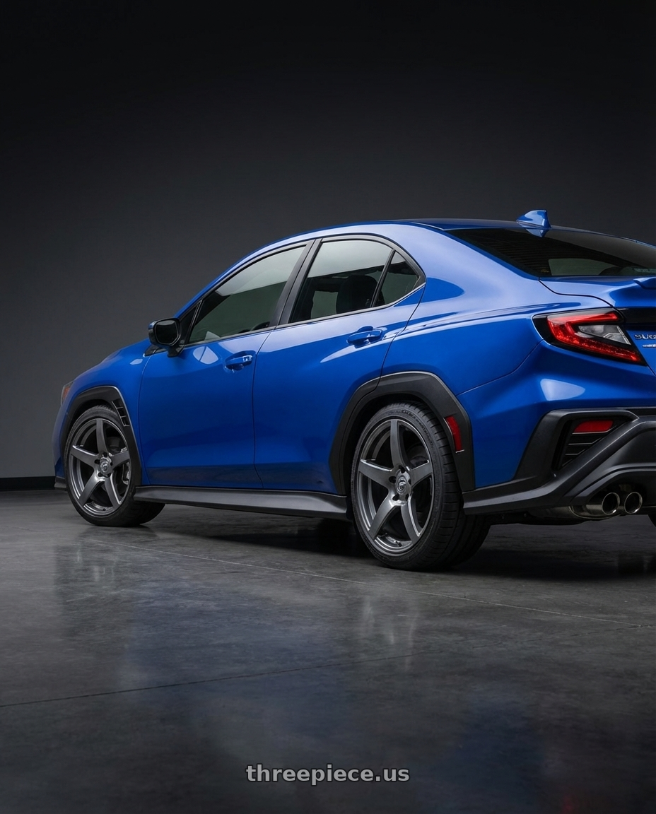 2024 Subaru WRX with Forgestar CF5 5x114.3 18x10 +42 Gloss Anthracite wheels rear three quarter view square tires