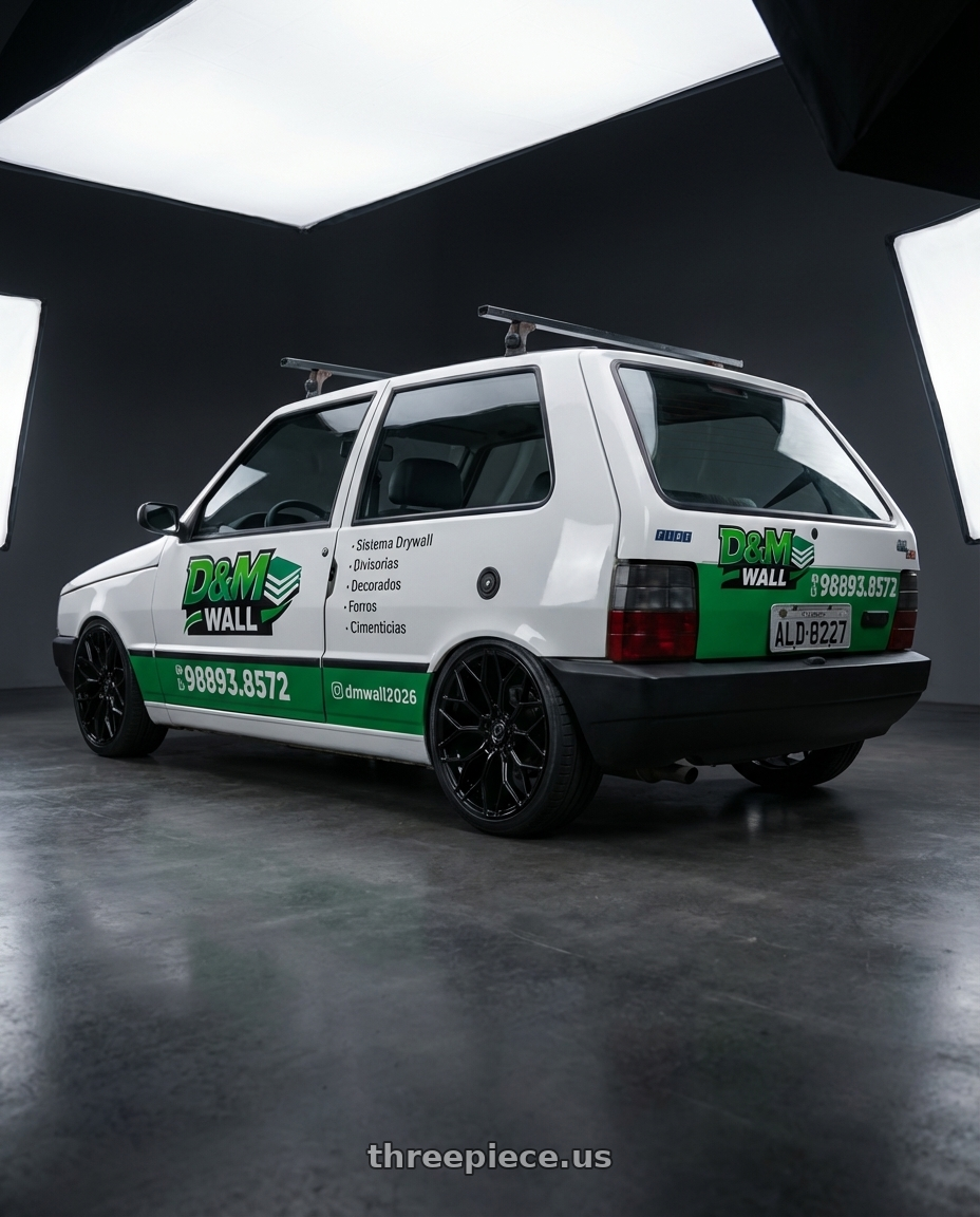 fiat uno 2000 2 portas  , adesivado with DOLCE PERFORMANCE PISTA 5x112 20x8.5 +28 Gloss Black wheels rear three quarter view square tires