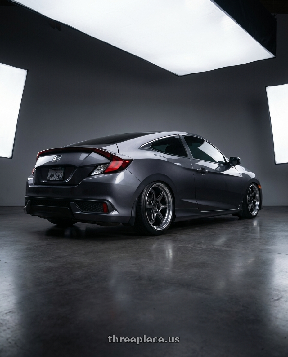 2019 honda civic coupe with Advan Racing R6 5x114.3 18x11.0 +15 MACHINING & HYPER PLATINUM BLACK wheels rear three quarter view square tires