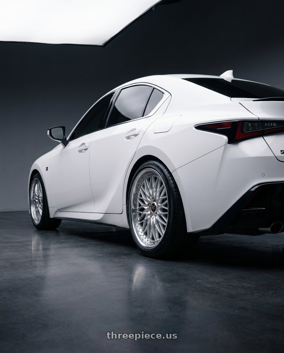2023 Lexus IS 350 F Sport White  with Work Vs-Xv 5x114.3 19x9.5+35 L Disk Silky Rich Silver wheels rear three quarter view square tires