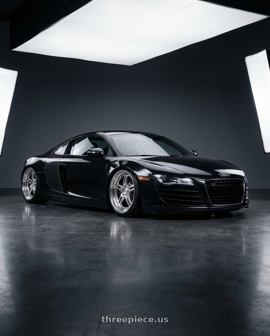2009 Audi R8 4.2 Black Metallic with Heritage Wheel EBISU wheels front three quarter view slammed stance