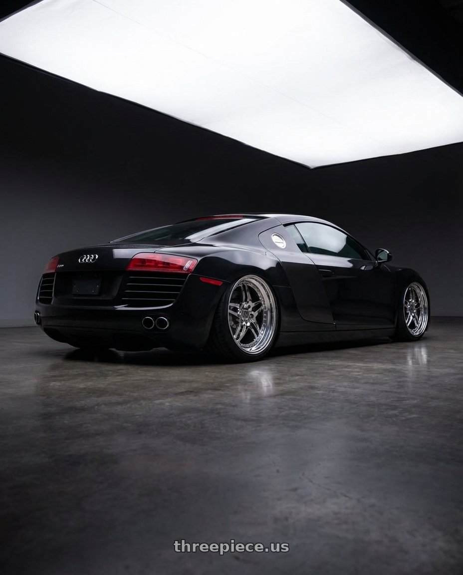 2009 Audi R8 4.2 Black Metallic with Heritage Wheel EBISU wheels rear three quarter view slight stretch tires