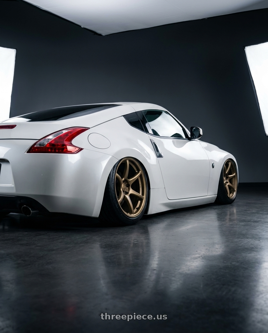 2019 Nissan 370Z with Kansei K11B Tandem 5x114.3 19x10.5 22 Bronze wheels rear three quarter view slight stretch tires