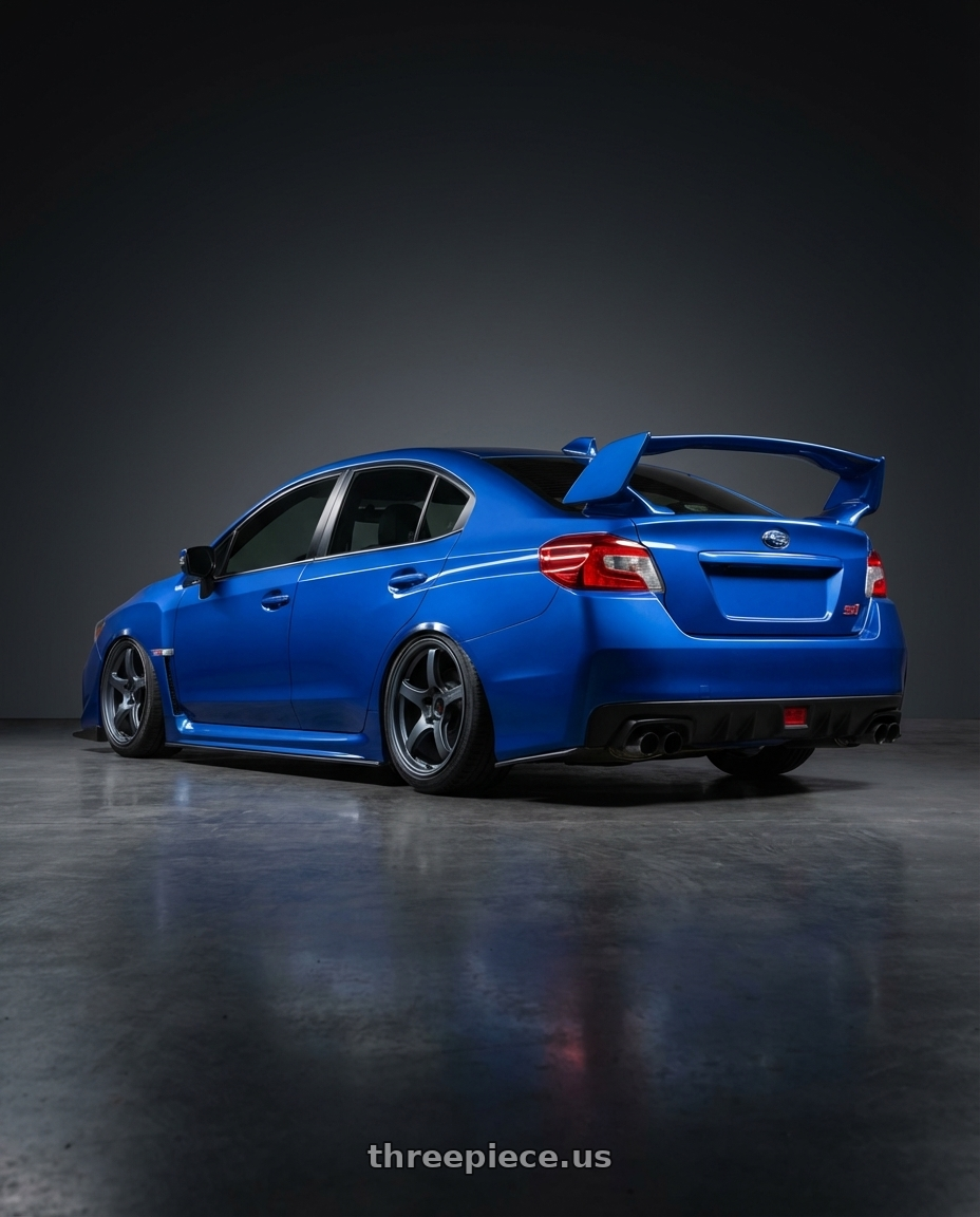 2018 Subaru WRX STI with Gram Lights 57CR 5x114.3 18x9.5+12 Gunblue II wheels rear three quarter view slight stretch tires