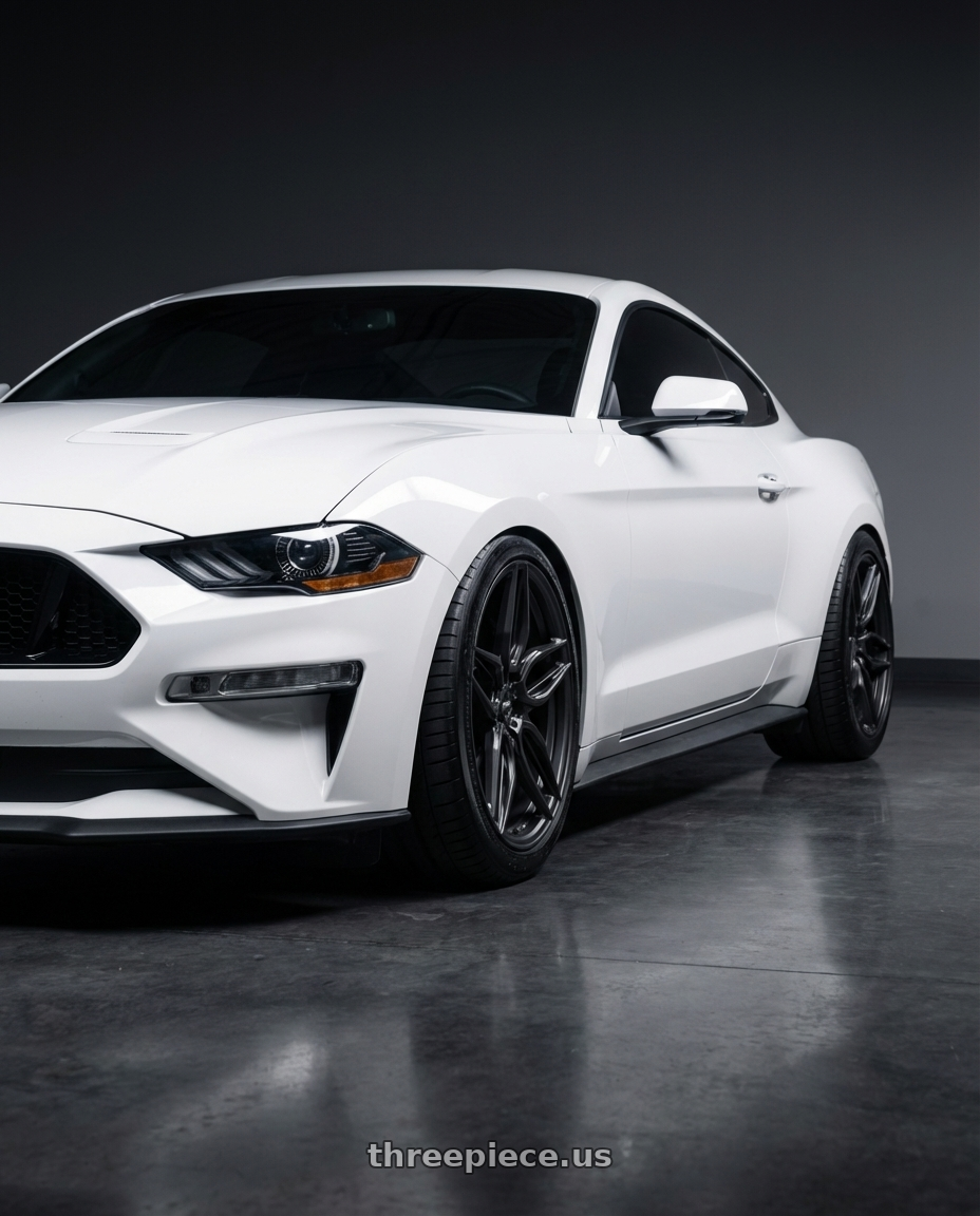 2018 Ford Mustang Ecoboost Premium with ADV.1 ADV005 5x120 20x9 +28 Satin Black wheels front three quarter view lowered stance