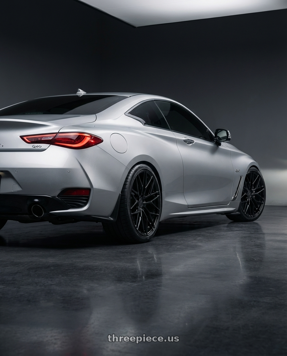 2020 Infiniti Q60 with Avant Garde Wheels M520R 5X114.3 19x8.5 +35 Gloss Black wheels rear three quarter view square tires
