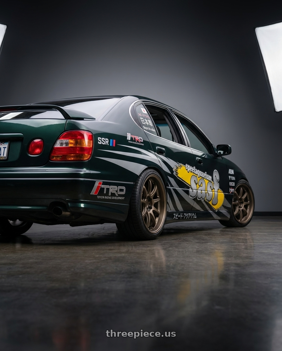 1998 toyota aristo with Work Emotion D9r 5x114.3 18x9.5 +38 Matte Bronze wheels rear three quarter view square tires
