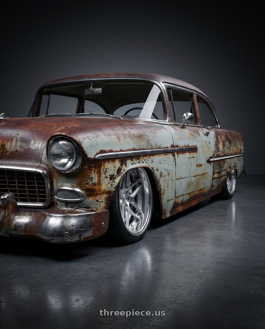 1955 Chevy Bel Air with Work Gnosis Cvx 5x114.3 22x12.5+0 W Disk Brush Silver Clear wheels