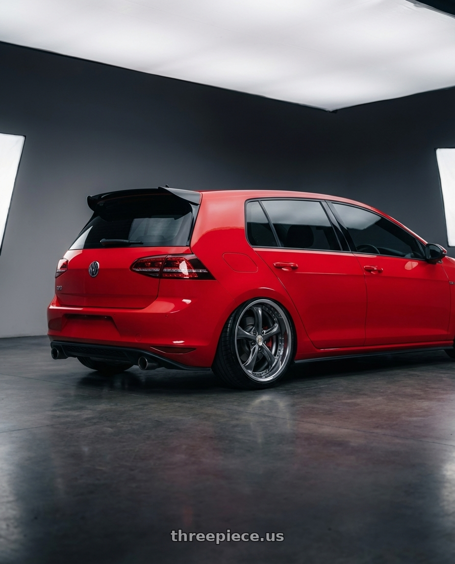2014 Volkswagen GTI Mk7, Tornado Red with Work Wheels VS-KF 5X114.3 19x8+40 Brilliant Silver Black A Disk FULL REVERSE wheels rear three quarter view slight stretch tires