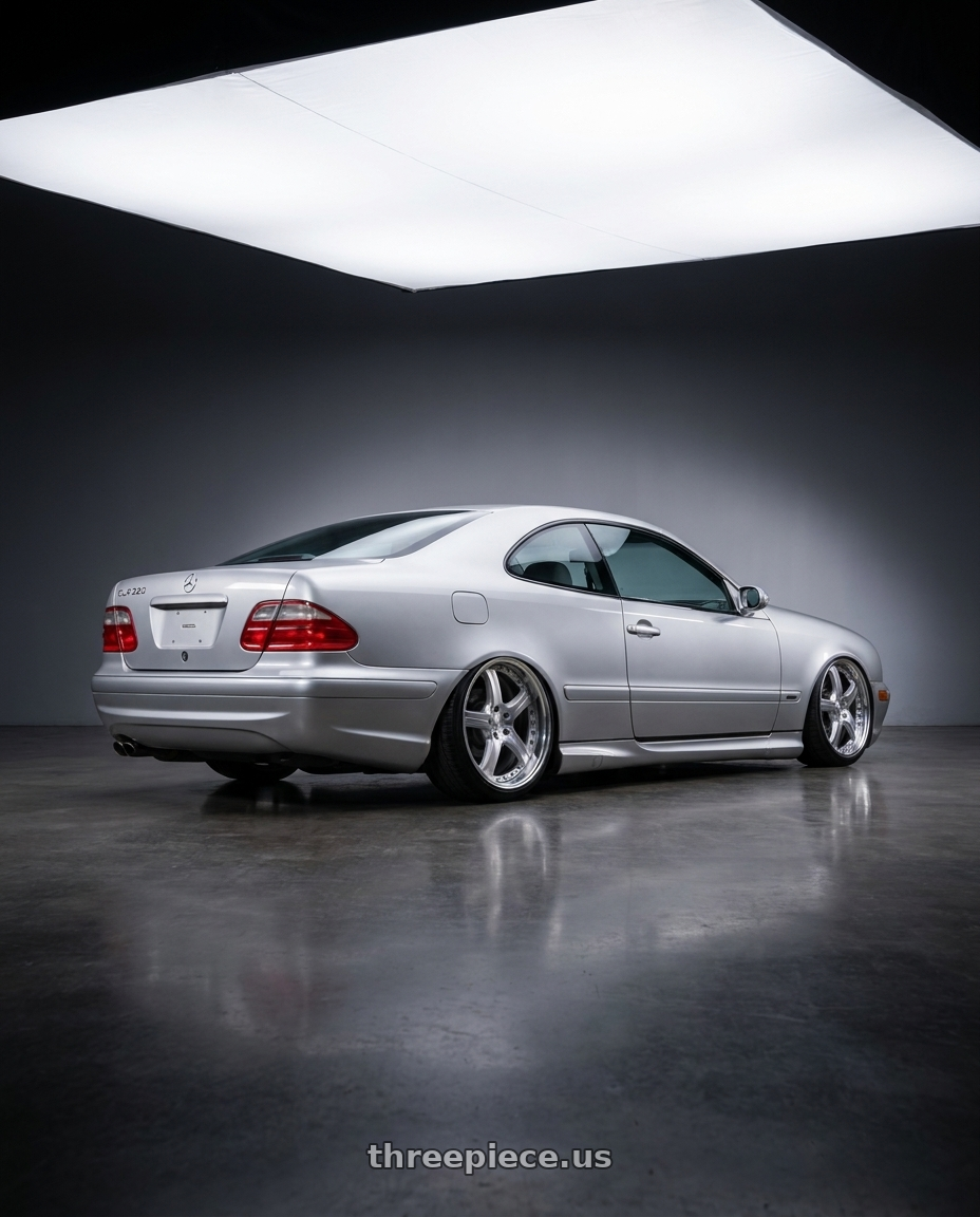 1999 Mercedes CLK320 with Work Gnosis Cvd 5x114.3 19x8.5+30 W Disk Brush Silver Clear wheels rear three quarter view extreme stretch tires
