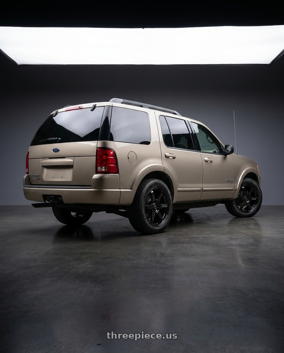2004 ford explorer 4x4 XLT with Enkei T6R 5x114.3 18x8.5+38 Gloss Black wheels rear three quarter view square tires
