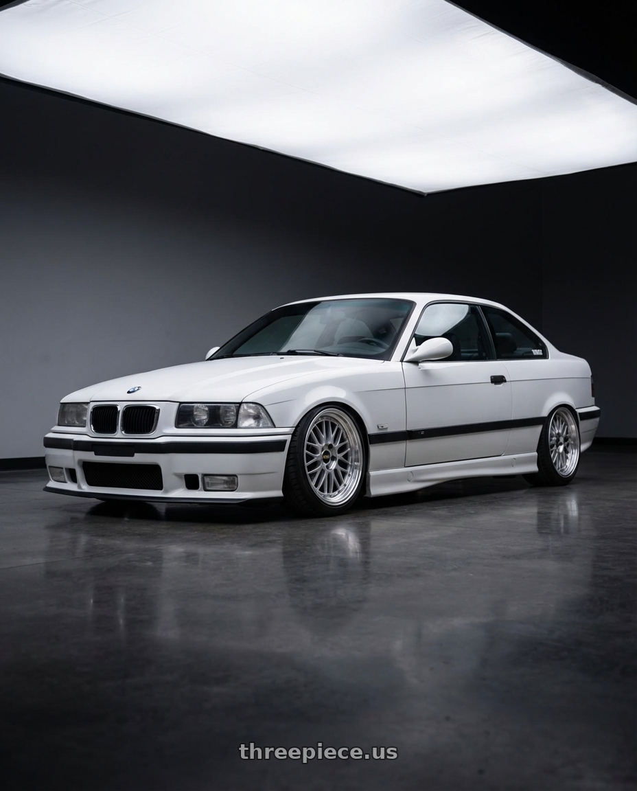 1998 BMW M3 with BBS LM 5x114.3 17x7.5+38 Diamond Silver wheels front three quarter view slammed stance