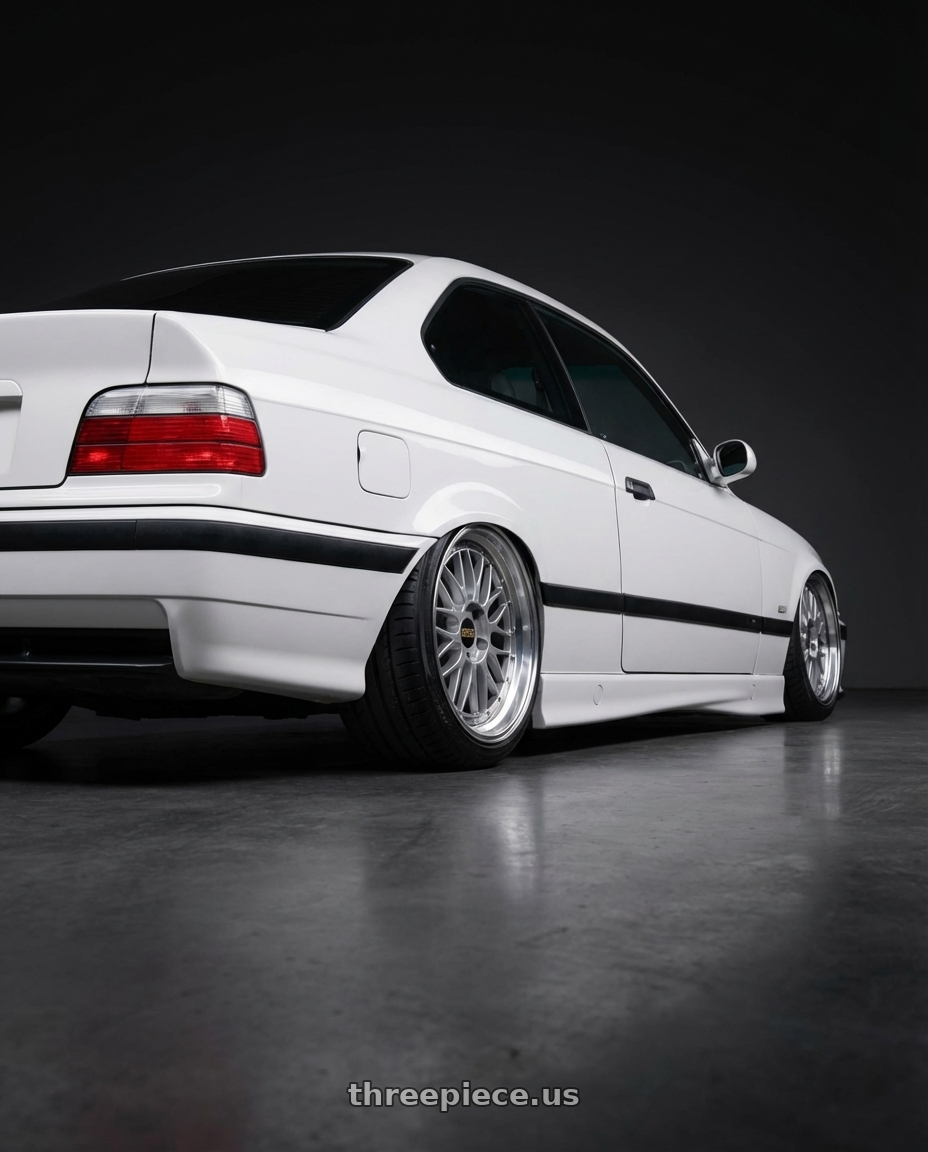1998 BMW M3 with BBS LM 5x114.3 17x7.5+38 Diamond Silver wheels rear three quarter view slight stretch tires