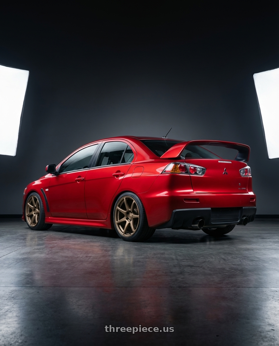 2012 Mitsubishi Lancer Evo X with Kansei K11B Tandem 5x114.3 18x10.5 12 Bronze wheels rear three quarter view square tires