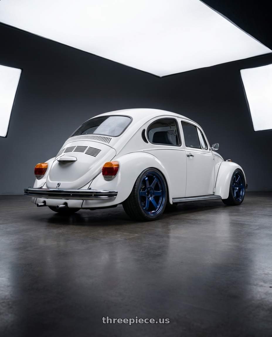 1988 Volkswagen Beetle  with Volk Racing TE37SL 5x114.3 19x9.5 +22 MAG BLUE wheels rear three quarter view square tires