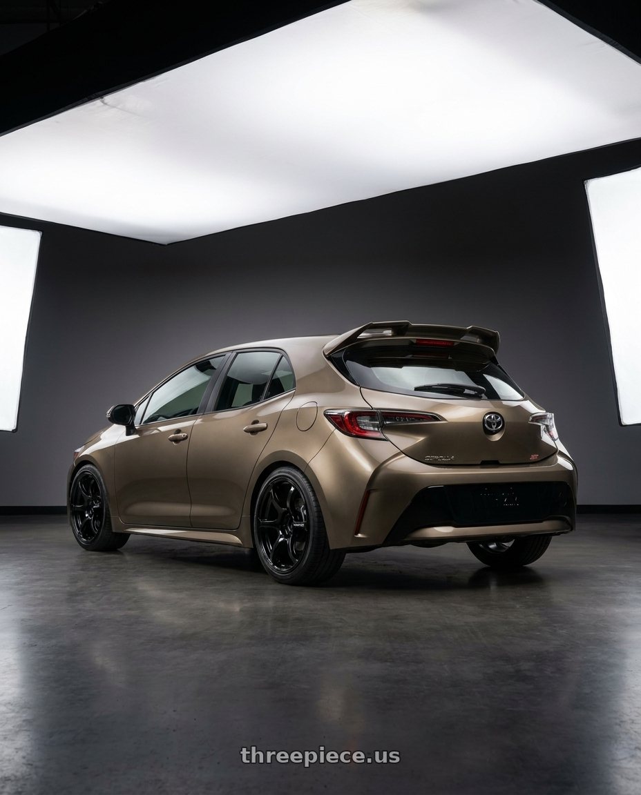 2019 Corolla Hatch Se Oxidize Bronze With Spoiler with Advan RGIII 5x100 18x7.5+50 Gloss Black wheels rear three quarter view square tires