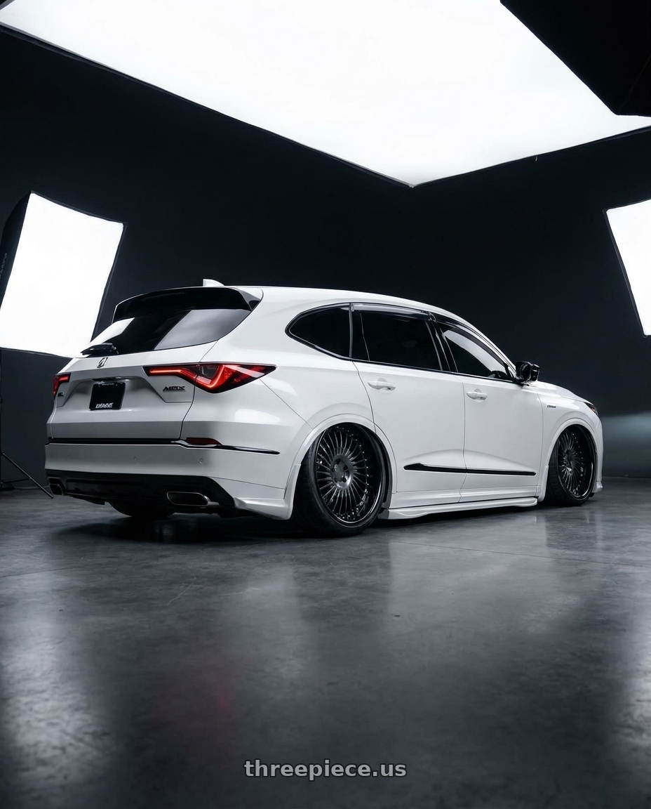 2026 ACURA MDX A-SPEC PATESAW15 with Heritage Wheel SENDAI-DIR wheels rear three quarter view extreme stretch tires