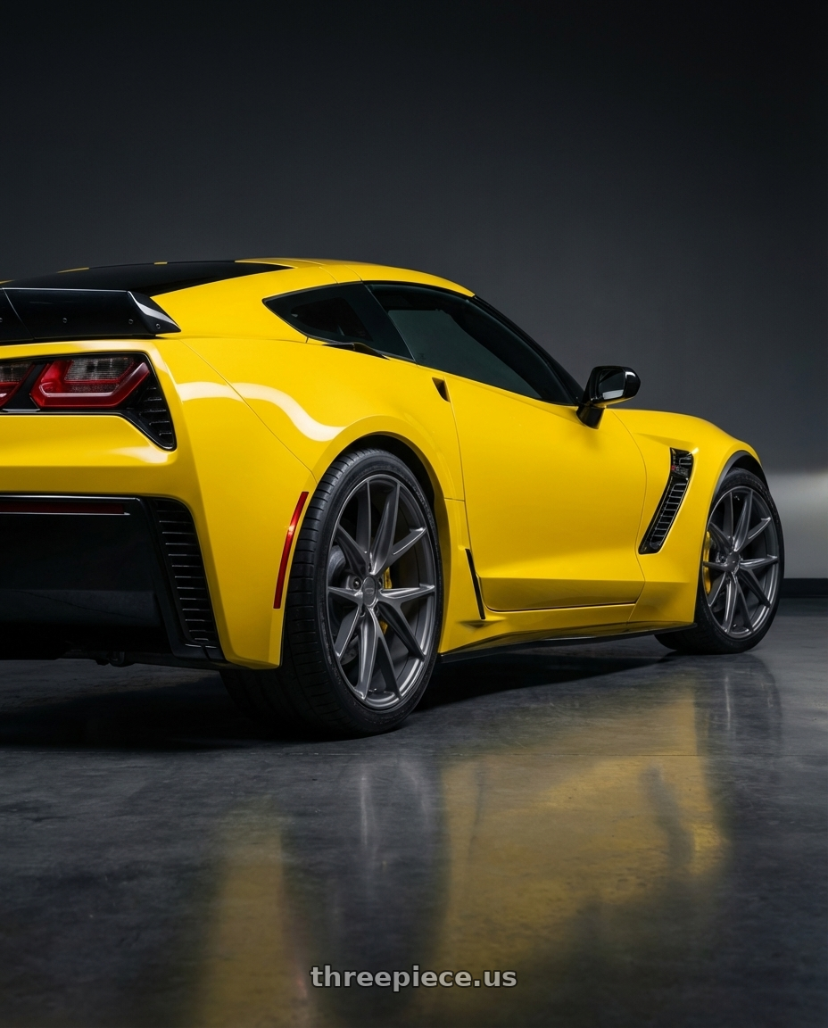 2018 Chevrolet Corvette C7 with Niche 1PC M116 MISANO 5X120.65 19X8.5 +50 MATTE GUN METAL wheels rear three quarter view square tires