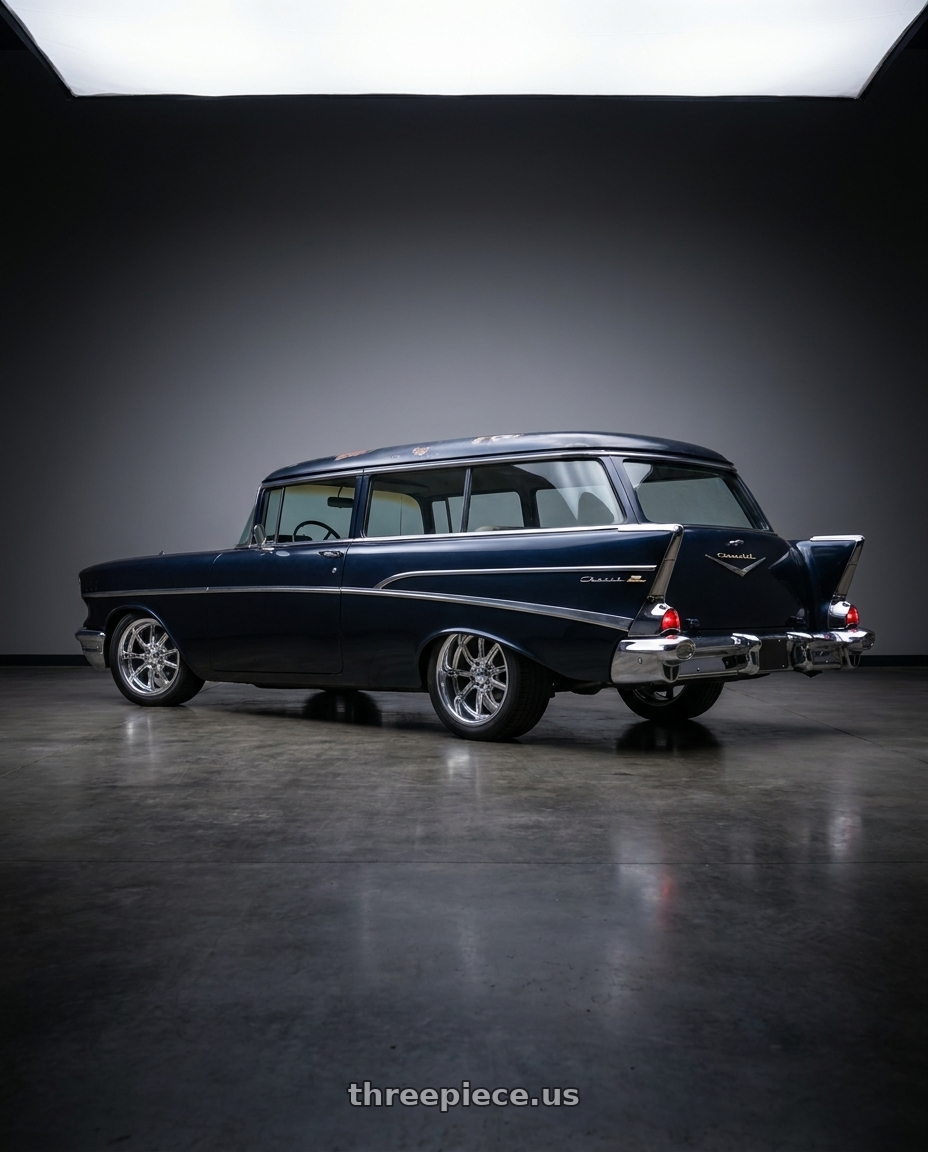 1957 chevrolet 210 with Ridler Type 650 5x120.65 18x8+0 Chrome wheels rear three quarter view square tires
