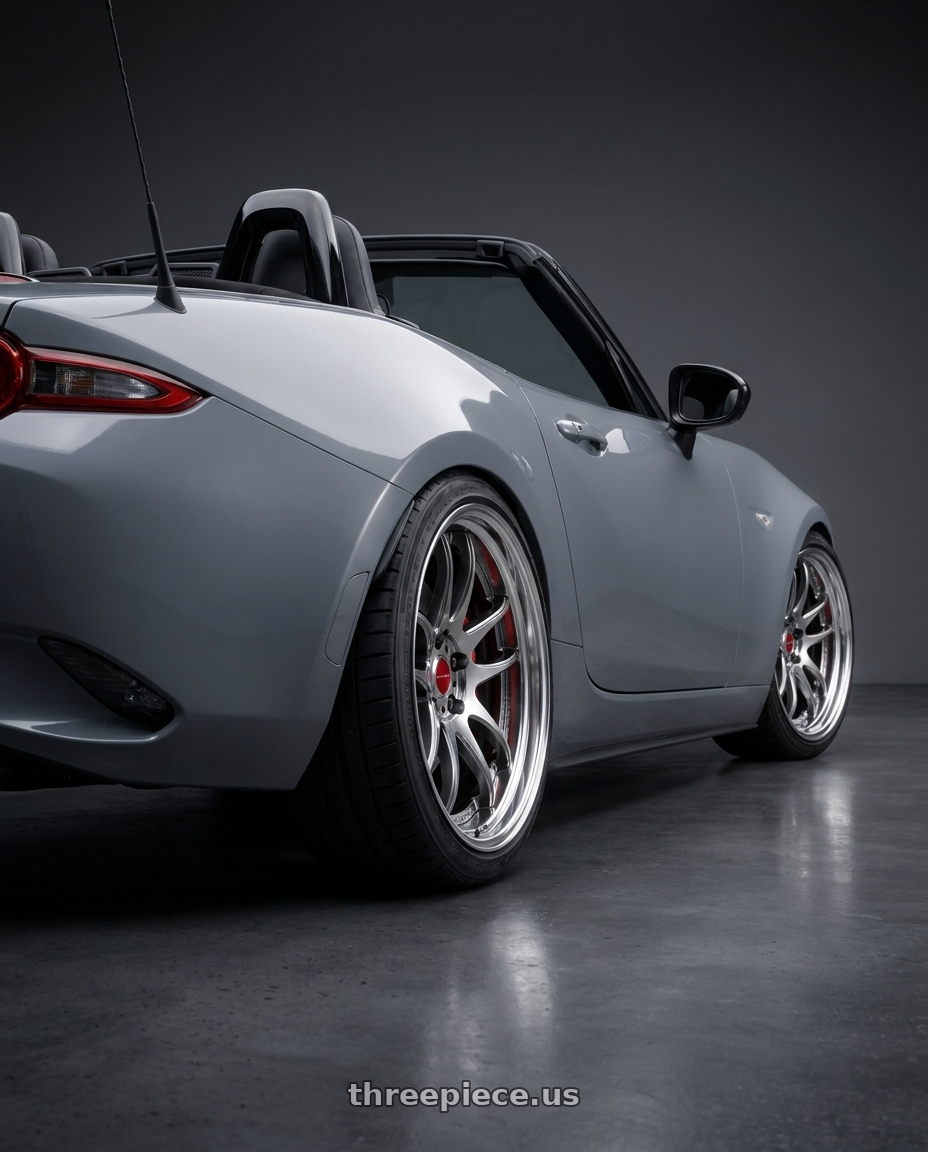 2026 Mazda MX-5 Club BBR with Work Cr 2P 4x100 17x8.0 +38 GT Silver wheels rear three quarter view square tires