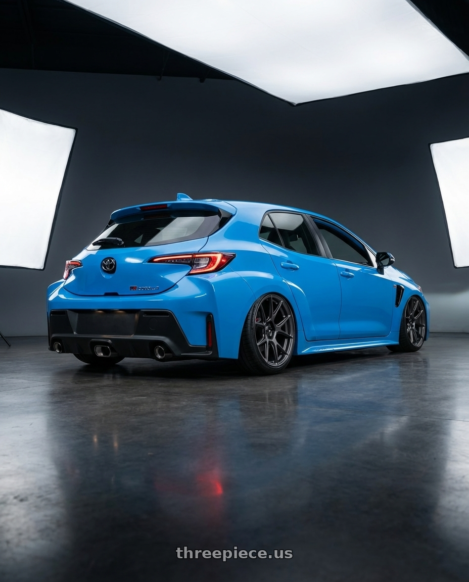 2024 Toyota GR Corolla with Konig Ampliform 5x114.3 18x9.5+25 Dark Metallic Graphite wheels rear three quarter view slight stretch tires