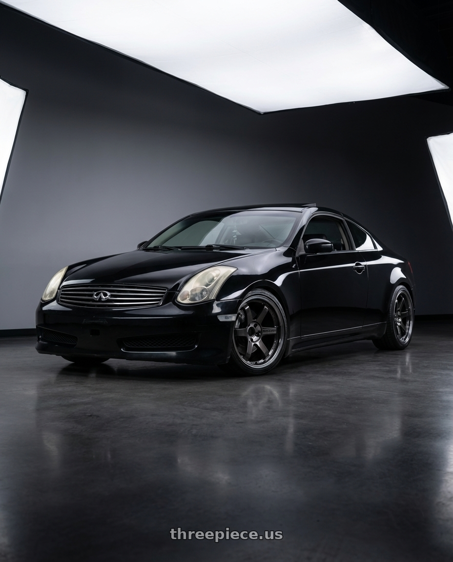 2006 Infiniti G35 coupe with Volk Racing TE37SL 5x114.3 19x10.5+12 Pressed Double Black wheels front three quarter view lowered stance