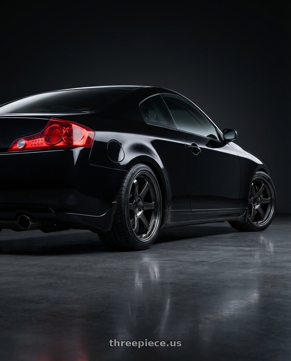 2006 Infiniti G35 coupe with Volk Racing TE37SL 5x114.3 19x10.5+12 Pressed Double Black wheels rear three quarter view square tires