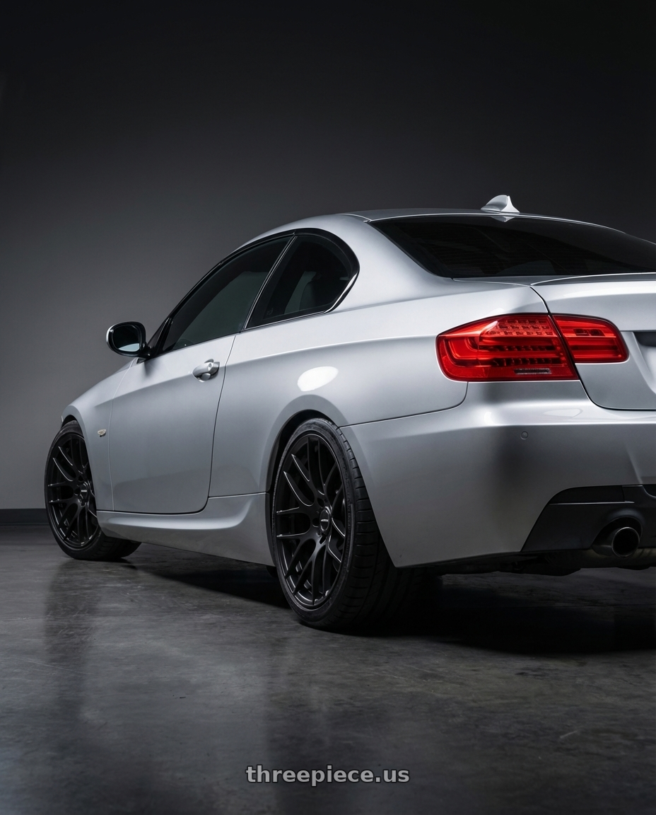 2012 BMW 3 Series E92 with Avant Garde Wheels M359 5X120 18x8.5 +15 Matte Black wheels rear three quarter view square tires