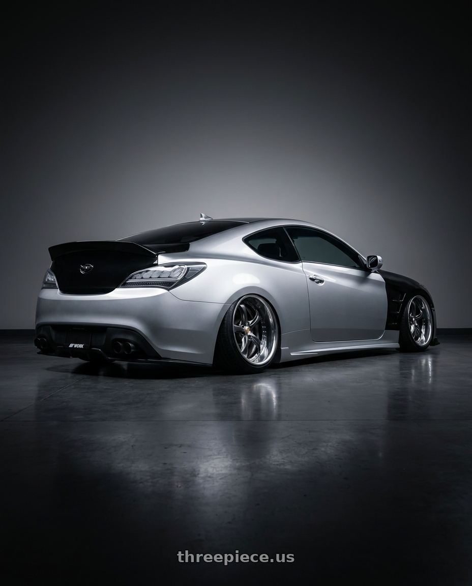 2013 hyundai genesis coupe with Work Wheels VS-KF 5X114.3 19x10.5-54 Brilliant Silver Black L Disk FULL REVERSE wheels rear three quarter view extreme stretch tires
