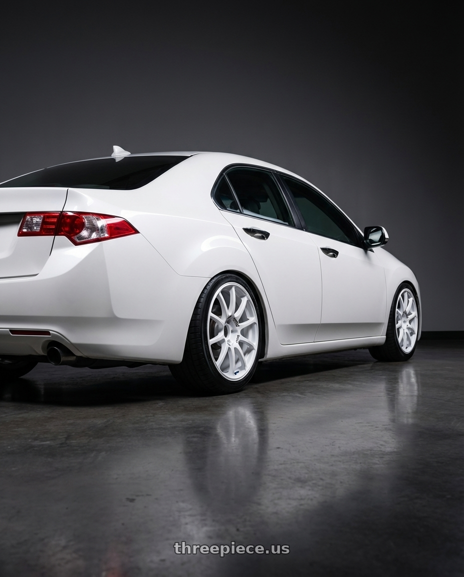 2013 Acura TSX with Advan RCIII 5x114.3 18x8.5+53 White wheels rear three quarter view square tires