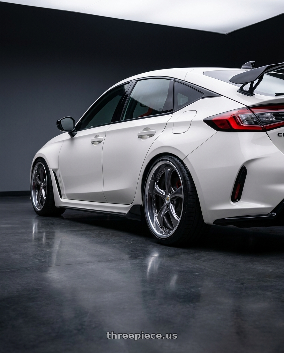 2025 honda civic type r white with Work Wheels VS-KF 5X114.3 19x10-10 Brilliant Silver Black A Disk FULL REVERSE wheels rear three quarter view slight stretch tires