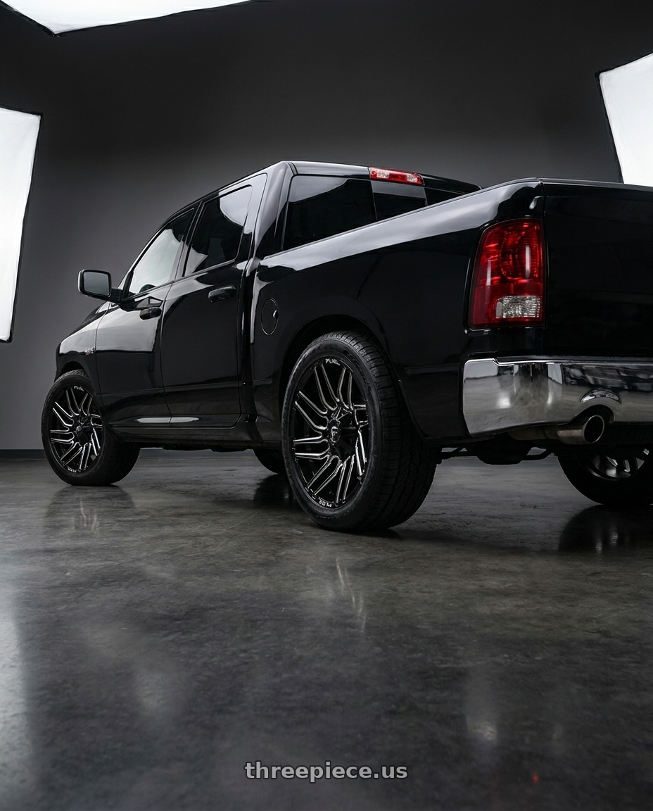 2015 Ram 1500 Lonestar, Black with Fuel 1PC D773 TYPHOON 5X139.7/5X150 20X10 -18 GLOSS BLACK MILLED wheels rear three quarter view square tires