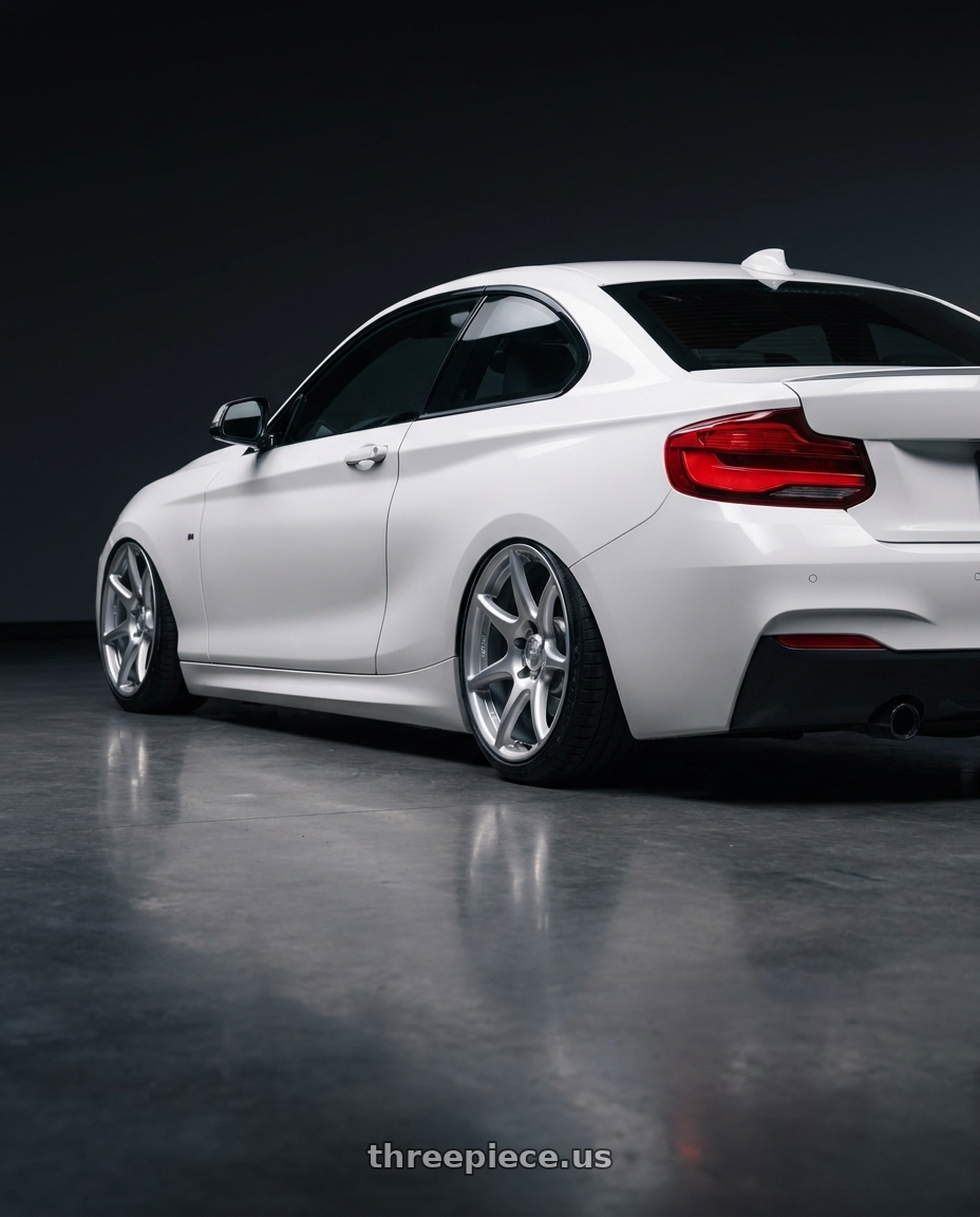 2018 BMW 2 Series F22 with Kansei K11S Tandem 5X120 19x10.5 22 Hyper Silver wheels rear three quarter view slight stretch tires