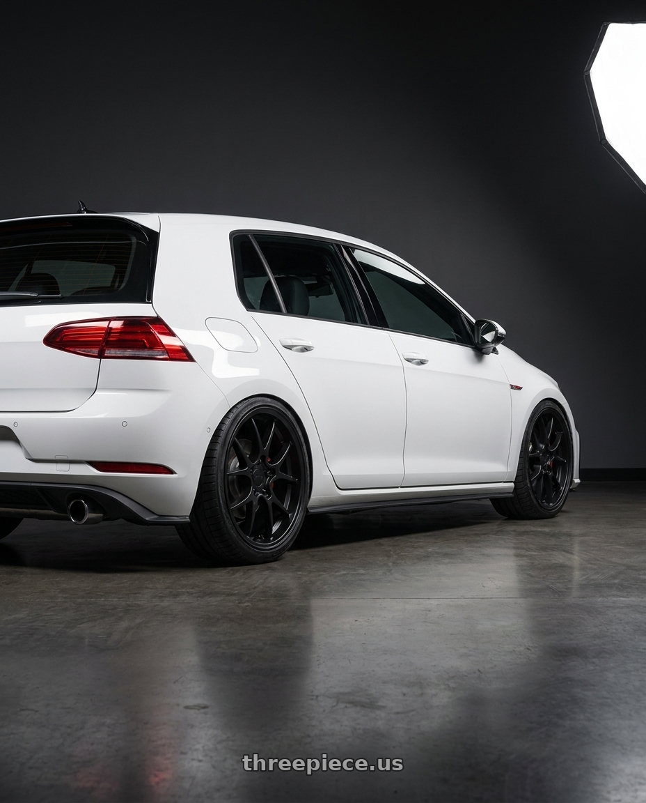 2021 Volkswagen GTI S with Rotiform 207 5x112 19x9.5 +30 MATTE BLACK wheels rear three quarter view square tires