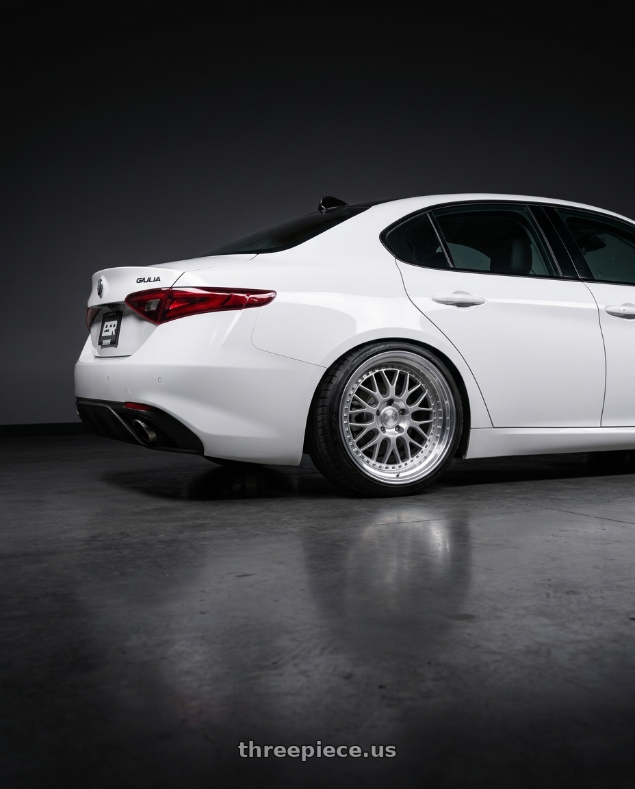 2020 Alfa Romeo Giulia Ti with ESR Wheels SR01 5x110 19x8.5 +30 Hyper Silver Machine Lip wheels rear three quarter view slight stretch tires