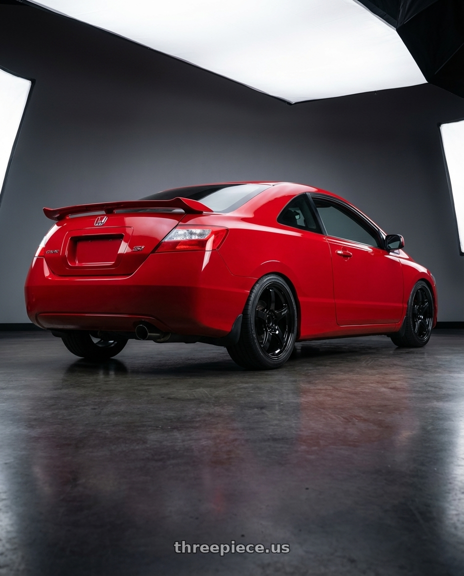 2011 Honda Civic Si with Gram Lights 57CR 5x114.3 17x9+12 Glossy Black wheels rear three quarter view square tires