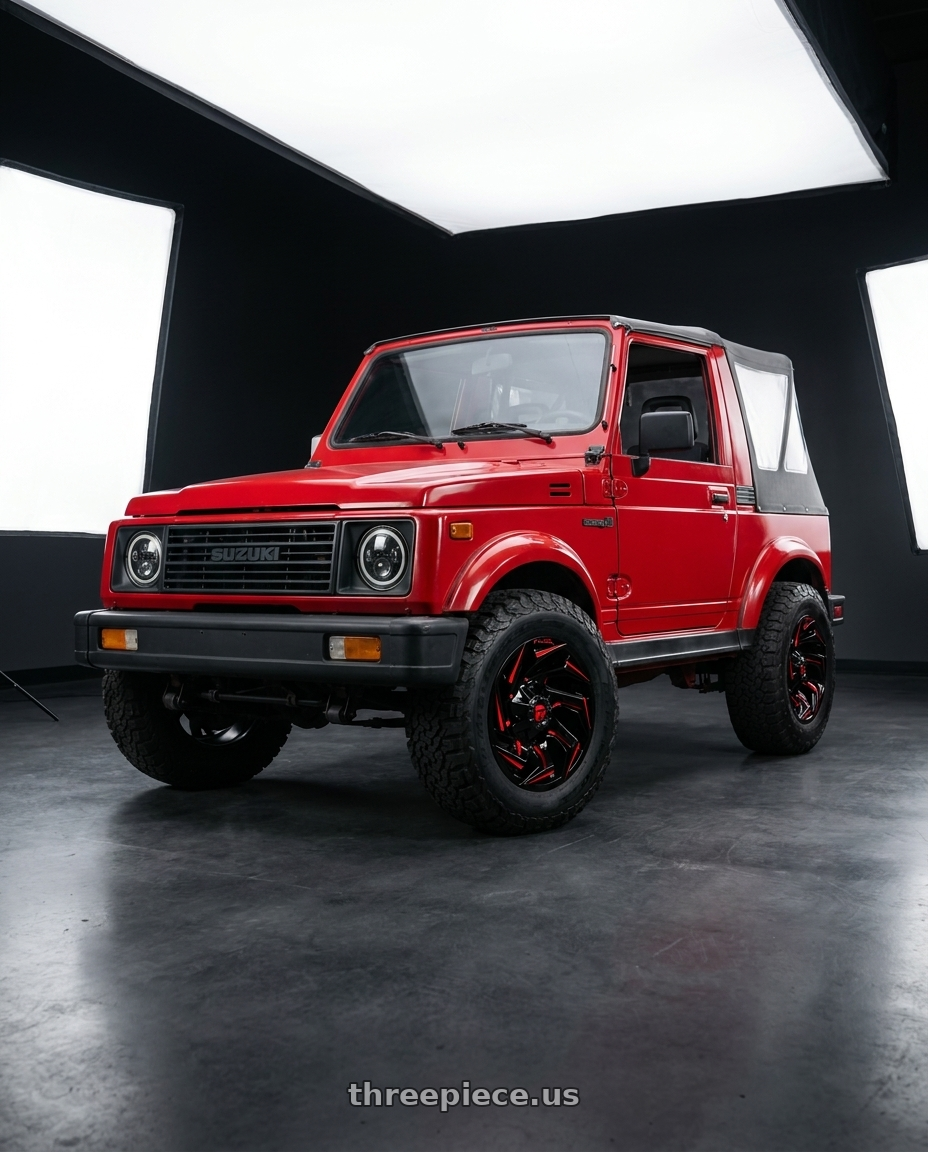 1987 Suzuki Samurai JA red with Fuel 1PC D755 REACTION 5X139.7 15X8 -12 GLOSS BLACK MILLED WITH RED TINT wheels