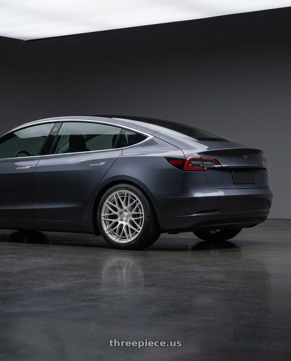 2019 tesla model 3 with Enkei NT03+M 5x114.3 18x8.5+38 Silver wheels rear three quarter view meaty tires