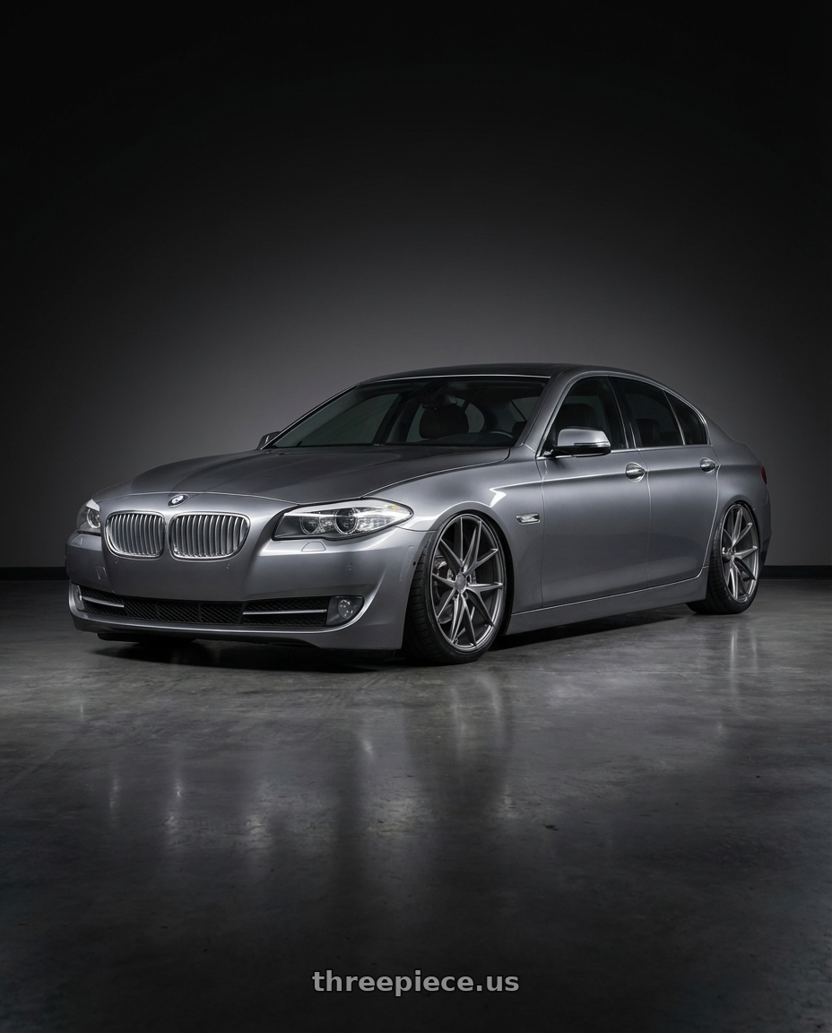 2016 BMW 5 Series F10 with Niche 1PC M116 MISANO 5X120 20X10.5 +35 MATTE GUN METAL wheels front three quarter view stanced stance