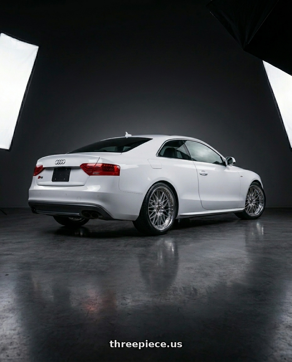 2014 Audi s5 with Work Schwert Sg1 5x112 19x9+22 O Disk Glim Silver wheels rear three quarter view square tires