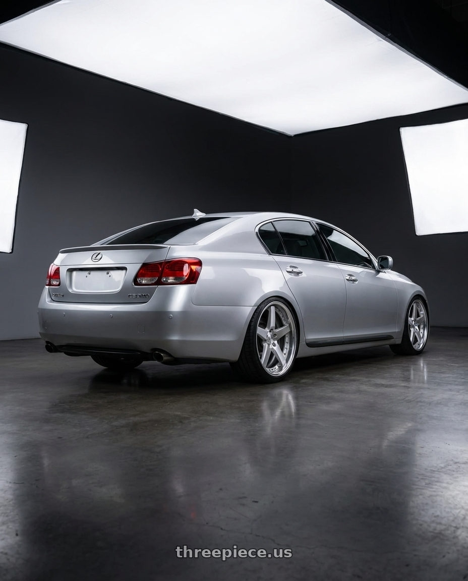 2006 Lexus gs300 with Work Gnosis Gr203 5x114.3 19x8.5+45 O Disk Brush Silver Clear wheels rear three quarter view square tires