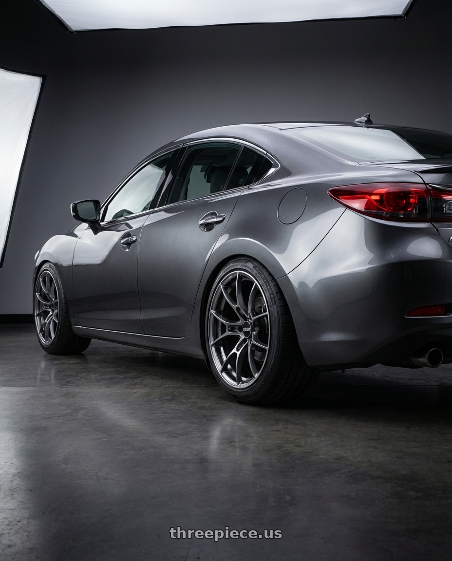 2018 Mazda Mazda6 Grand Touring, Machine Gray Metallic with Volk Racing G025 5x114.3 19x10.5 +22 FORMULA SILVER / DC wheels rear three quarter view meaty tires
