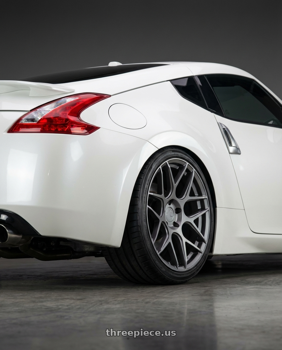 2019 Nissan 370Z with Aodhan AFF2 5x114.3 19x9.5+35 Matte Gray wheels rear three quarter view square tires